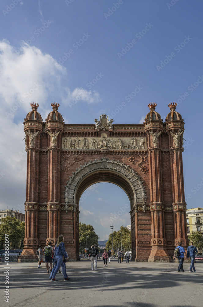BARCELONA, SPAIN - OCTOBER 09, 2015: The Arc de Triomf is one of the main attractions of Barcelona. Triumph Arch of Barcelona was built for the World Exhibition in 1888 by Josep Vilaseca i Casanovas.