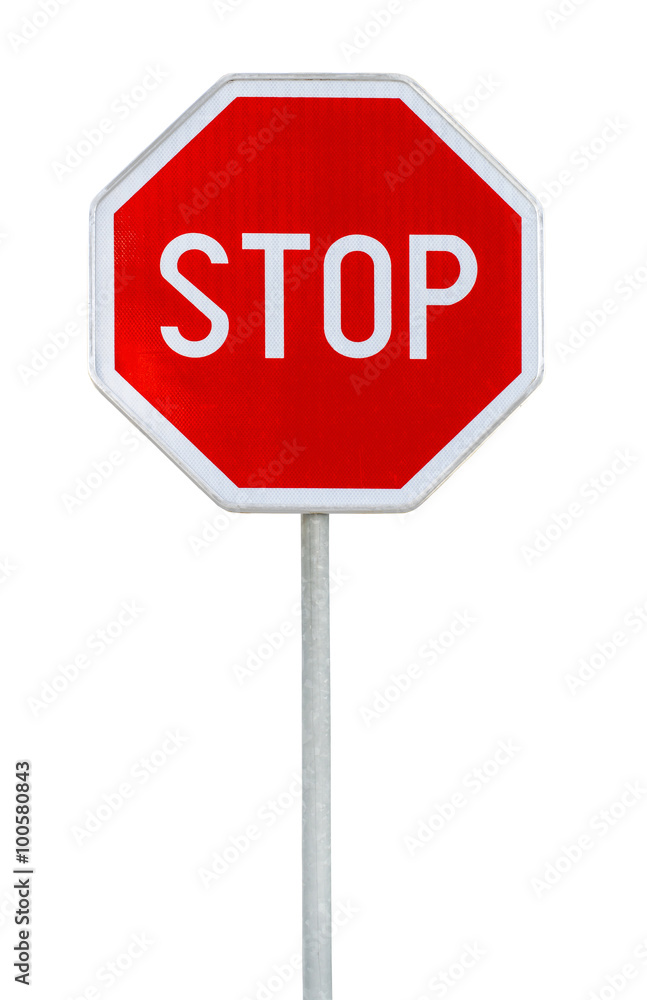 Red realistic stop road sign on rod isolated on white Red realistic stop road sign on rod isolated on white