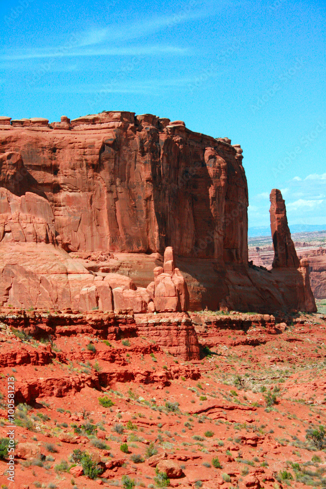 The Park Avenue Courthouse Spectacle - Entrada Sandstone carved for millions of years of weathering result in fantastic shapes in Arches National Park Moab Utah, USA.