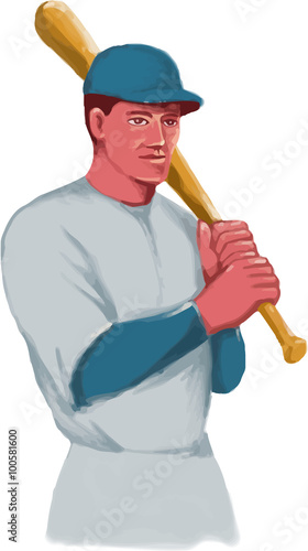 Vintage Baseball Player Bat Watercolor