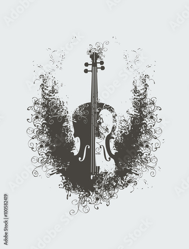 Vector drawing of a violin with floral patterns