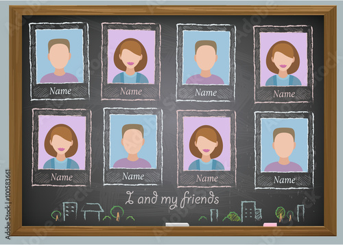 School album yearbook and chalkboard