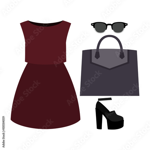 Set of trendy women's clothes. Outfit of woman dress and accessories. Women's wardrobe. Vector illustration
