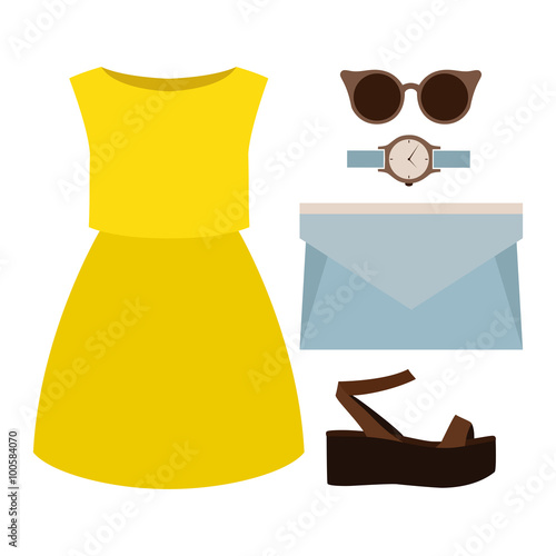 Set of trendy women's clothes. Outfit of woman dress and accessories. Women's wardrobe. Vector illustration