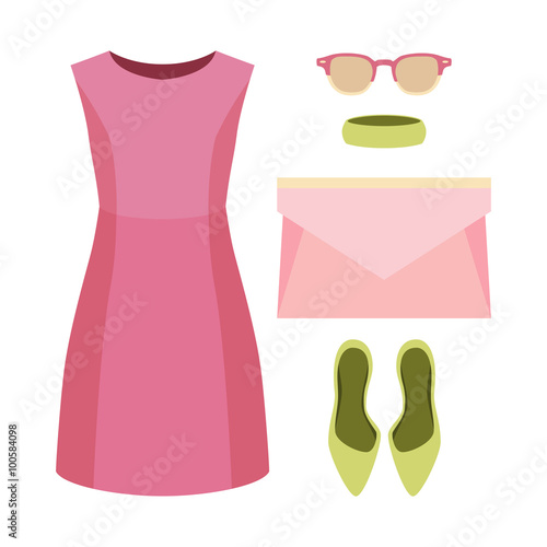 Set of trendy women's clothes. Outfit of woman dress and accessories. Women's wardrobe. Vector illustration