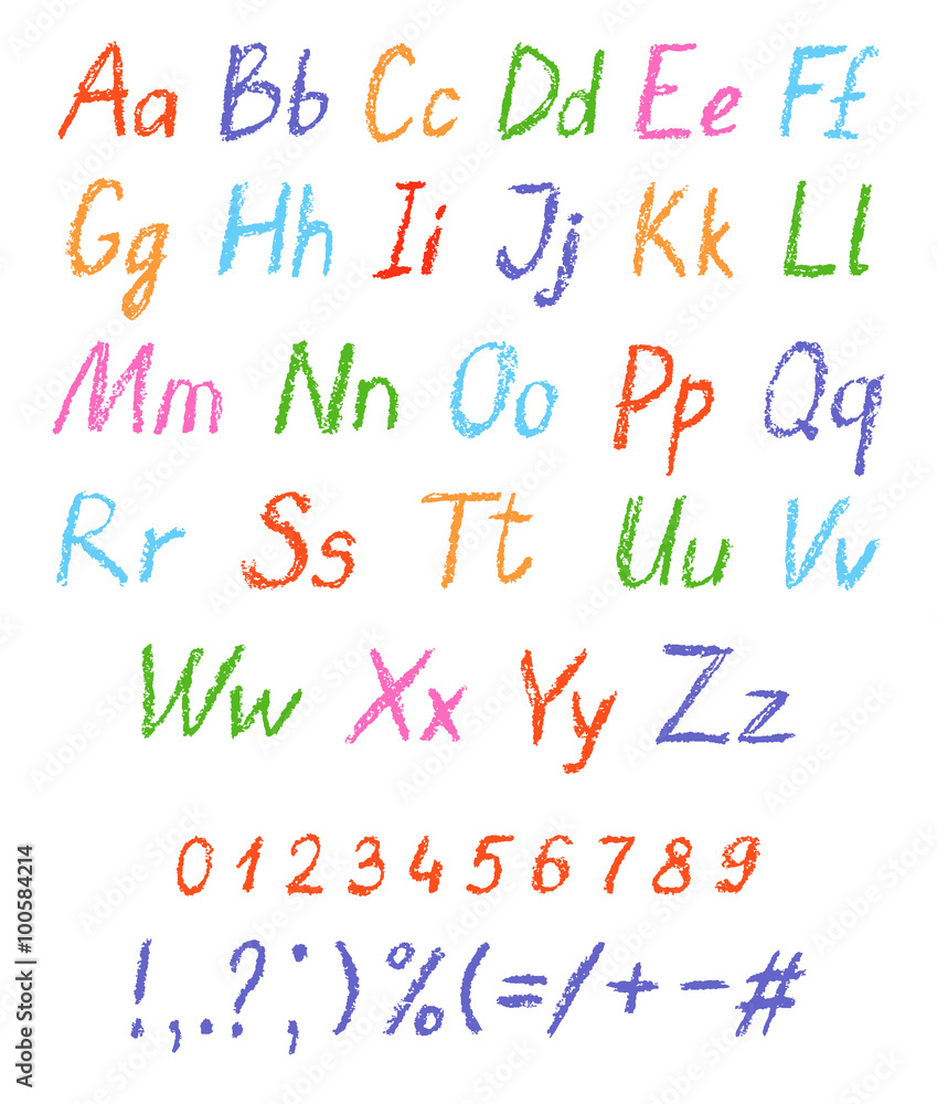 Crayon child's drawing alphabet. Pastel chalk font. ABC drawing letters.  Kids drawn colorful alphabet. Vector. Stock Vector | Adobe Stock