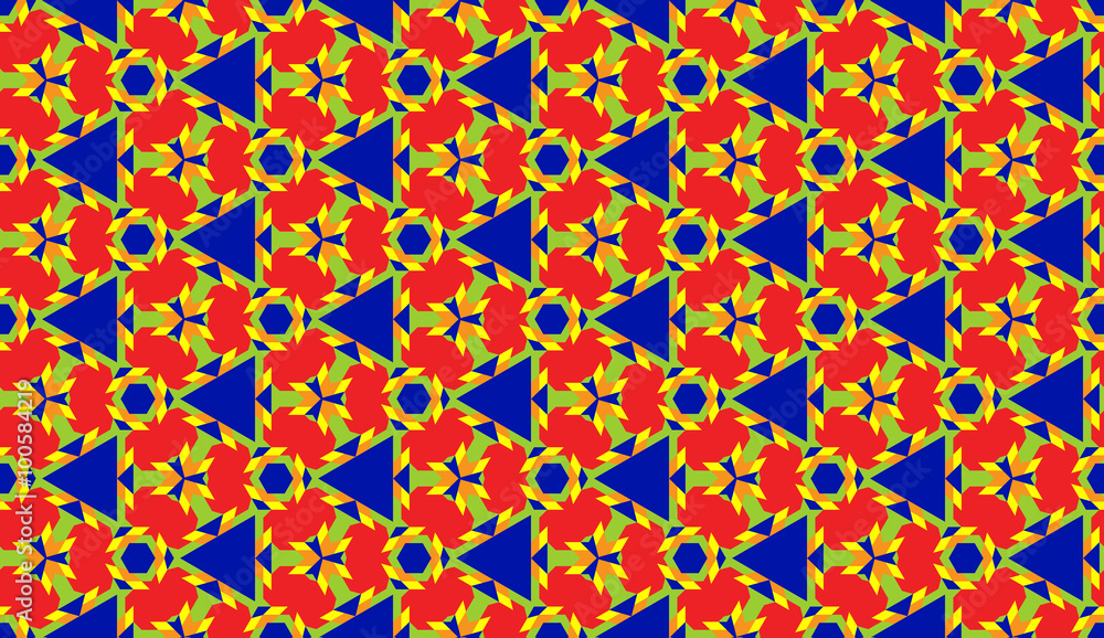 Fashionable decorative seamless geometric pattern with various shapes of red, blue, yellow, green and orange shades