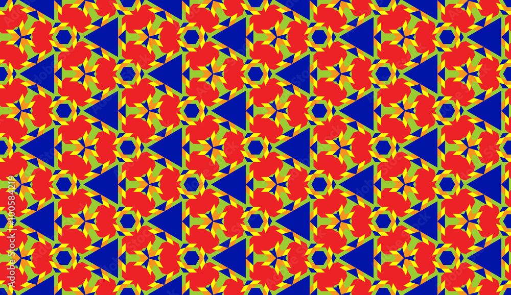 Fashionable decorative seamless geometric pattern with various shapes of red, blue, yellow, green and orange shades Fashionable decorative seamless geometric pattern with various shapes of red, blue, yellow, green and orange shades