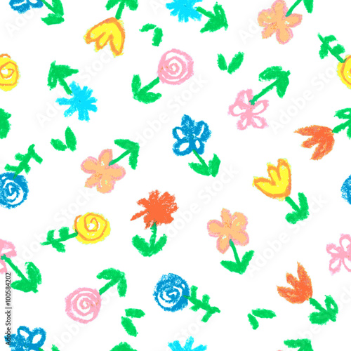 Crayon child s drawing of flowers on white. Seamless hand painting pattern with pastel color. Kids drawing illustration.