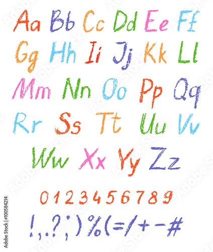 Crayon child's drawing alphabet. Pastel chalk font. ABC drawing letters. Kids drawn colorful alphabet. Vector.