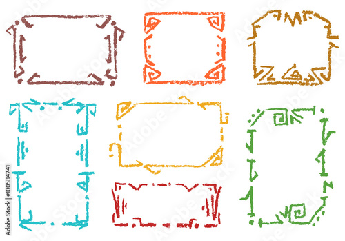 Set of pastel color ethnic frames. Crayon chalk hand drawn patterned background. Group of old-time ornament vector copy space.