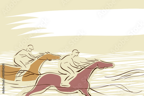 Horse race with two horse and jockeys. Vector illustration banner. Equestrian background