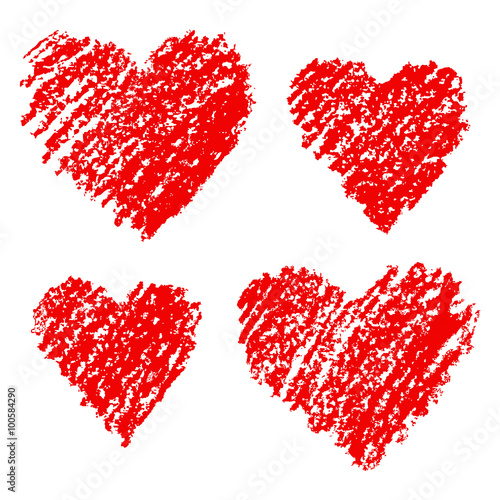 Hand painting love hearts. Set of funny hearts. Red crayon hand drawing valentine`s day`s design elements, vector background.