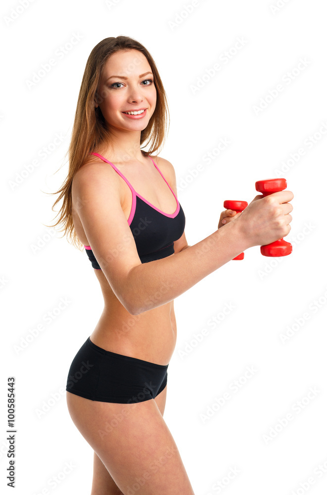Happy athletic woman with dumbbells doing sport exercise, isolat Happy athletic woman with dumbbells doing sport exercise, isolat