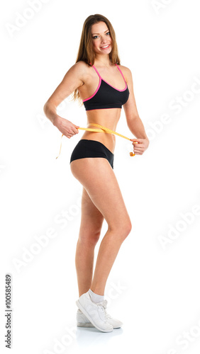 Fotografija Woman measuring perfect shape of beautiful waist, healthy lifest