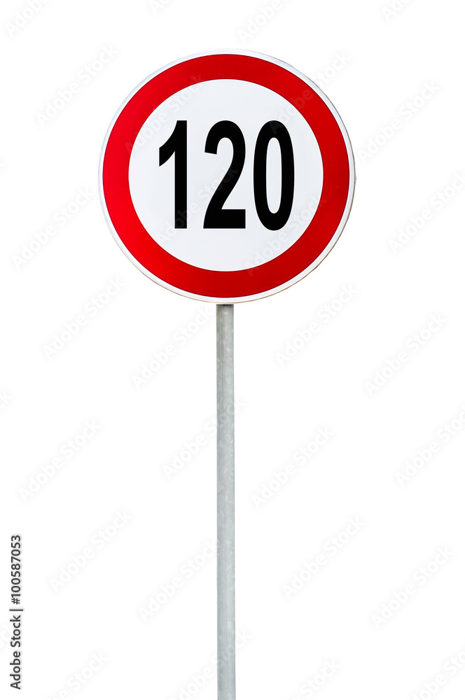 Round speed limit 120 road sign isolated on white Stock Photo