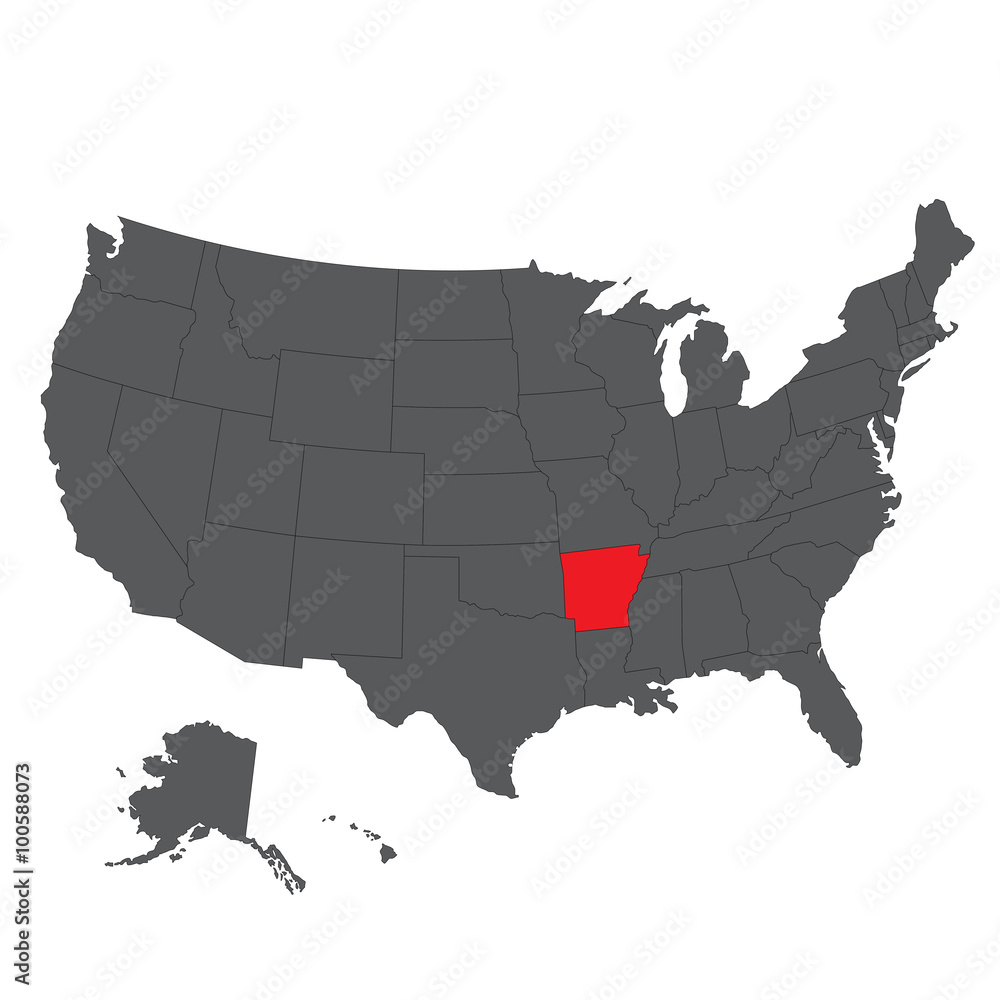 Arkansas red map on gray USA map vector