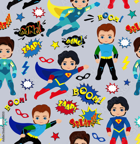 Seamless superhero boys background pattern.