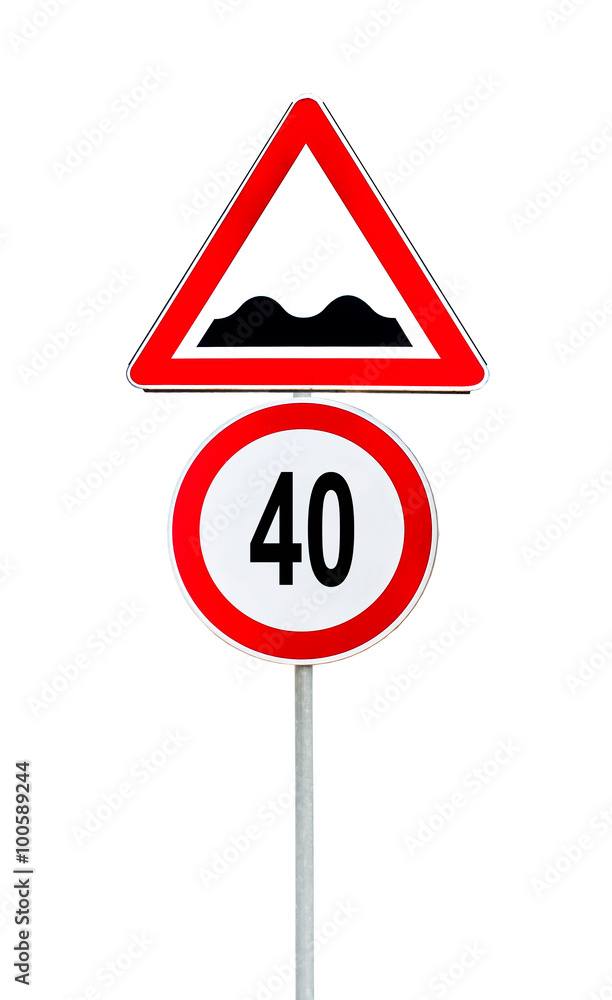 Speed limit sign determining the speed limit 40 and speed bump sign