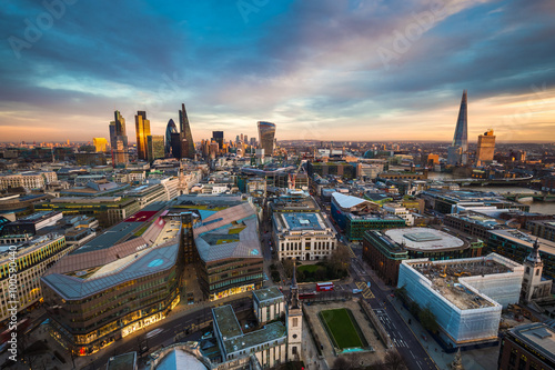 Εκτύπωση καμβά Panoramic skyline of London with Bank district including Stock Exchange Tower, Willis Building, Tower 42, Gherkin, Lloyd`s of London, the Shard and Canary Wharf at the background