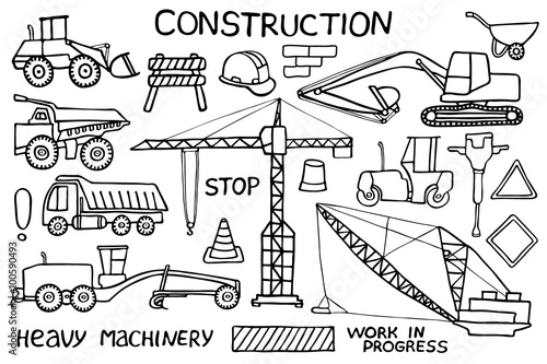 Obraz na płótnie Construction and heavy machinery sketch. Hand-drawn cartoon industry icon set. Doodle drawing. w salonie