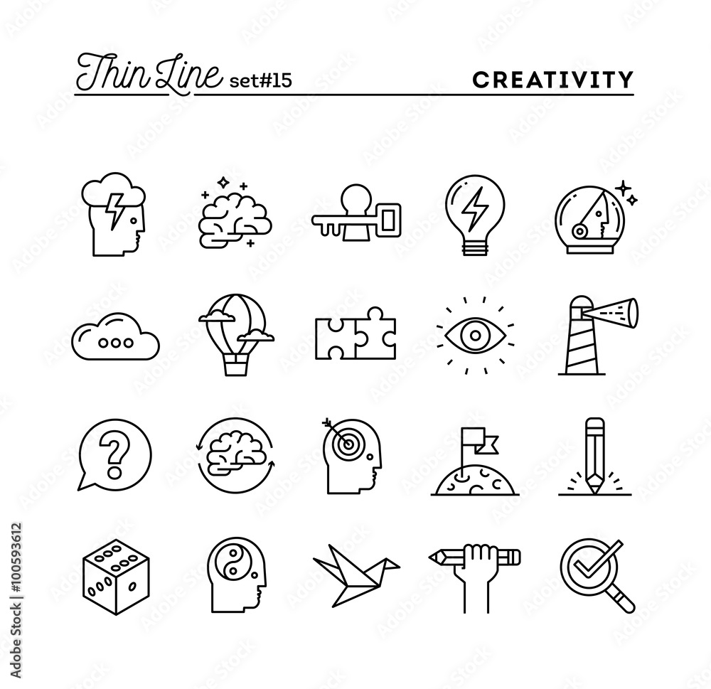 Creativity, imagination, problem solving, mind power and more, thin line icons set - obrazy, fototapety, plakaty 