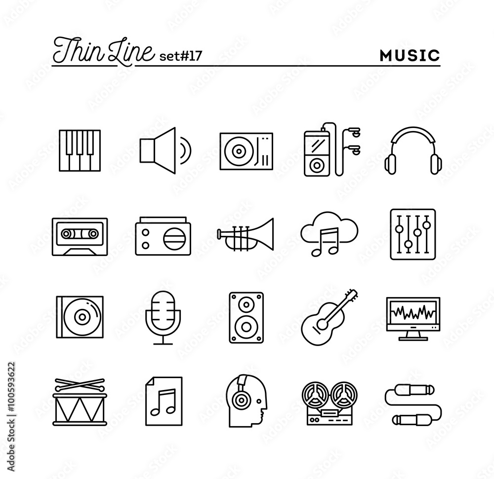Music, sound, recording, editing and more, thin line icons set Music, sound, recording, editing and more, thin line icons set