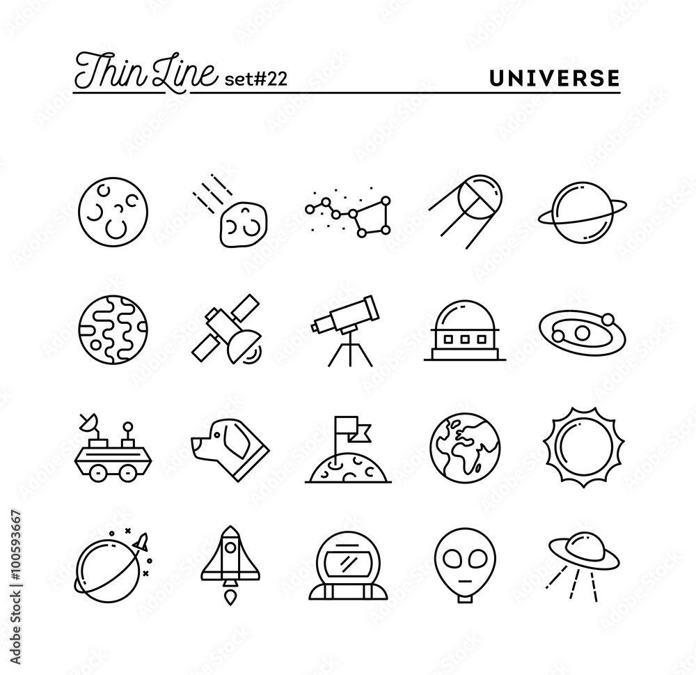 Fototapeta premium Universe, celestial bodies, rocket launching, astronomy and more, thin line icons set