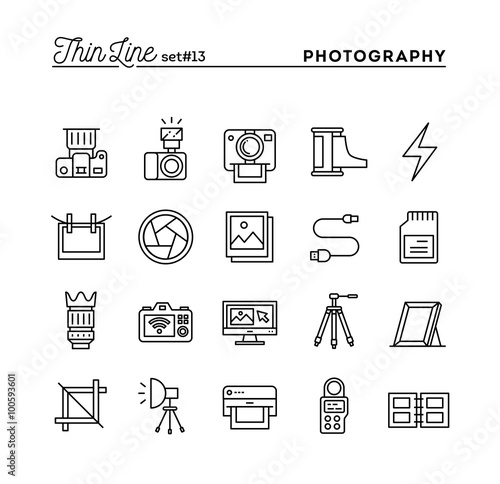 Photography, equipment, post-production, printing and more, thin line icons set