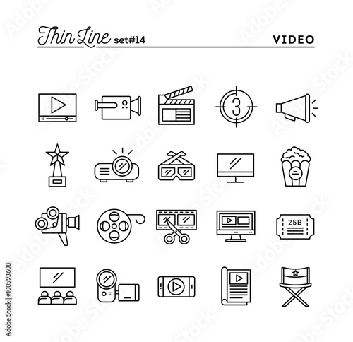 Film, video, shooting, editing and more, thin line icons set
