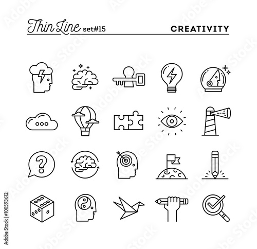 Creativity, imagination, problem solving, mind power and more, thin line icons set