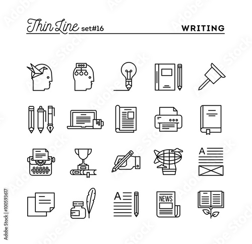 Writing, blogging, best seller book, storytelling and more, thin line icons set