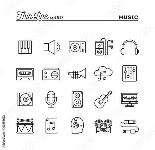 Music, sound, recording, editing and more, thin line icons set