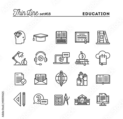Education, online books, distance learning, webinar and more, thin line icons set