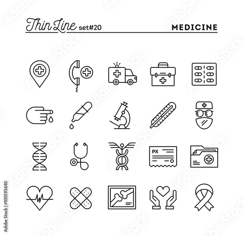 Medicine, health care, emergency, pharmacology and more, thin line icons set