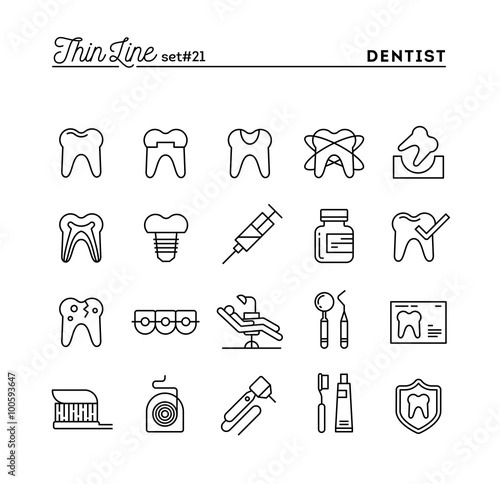 Dentist, dental care, healthy teeth, protection and more, thin line icons set