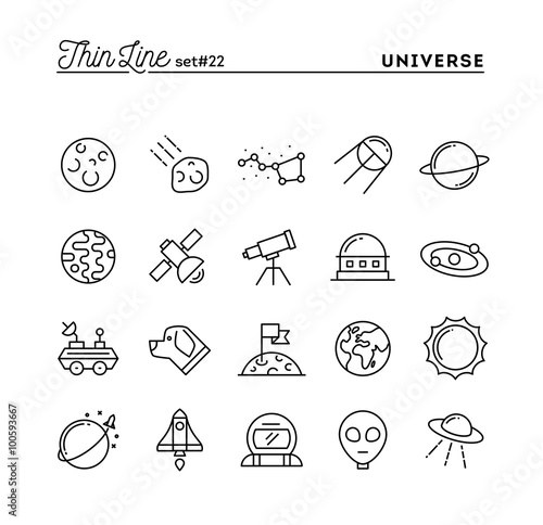 Universe, celestial bodies, rocket launching, astronomy and more, thin line icons set