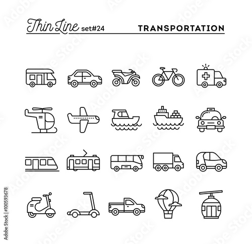 Transportation and vehicles, thin line icons set