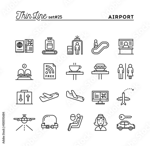 Airport, luggage scanning, flight, rent a car and more, thin line icons set photo