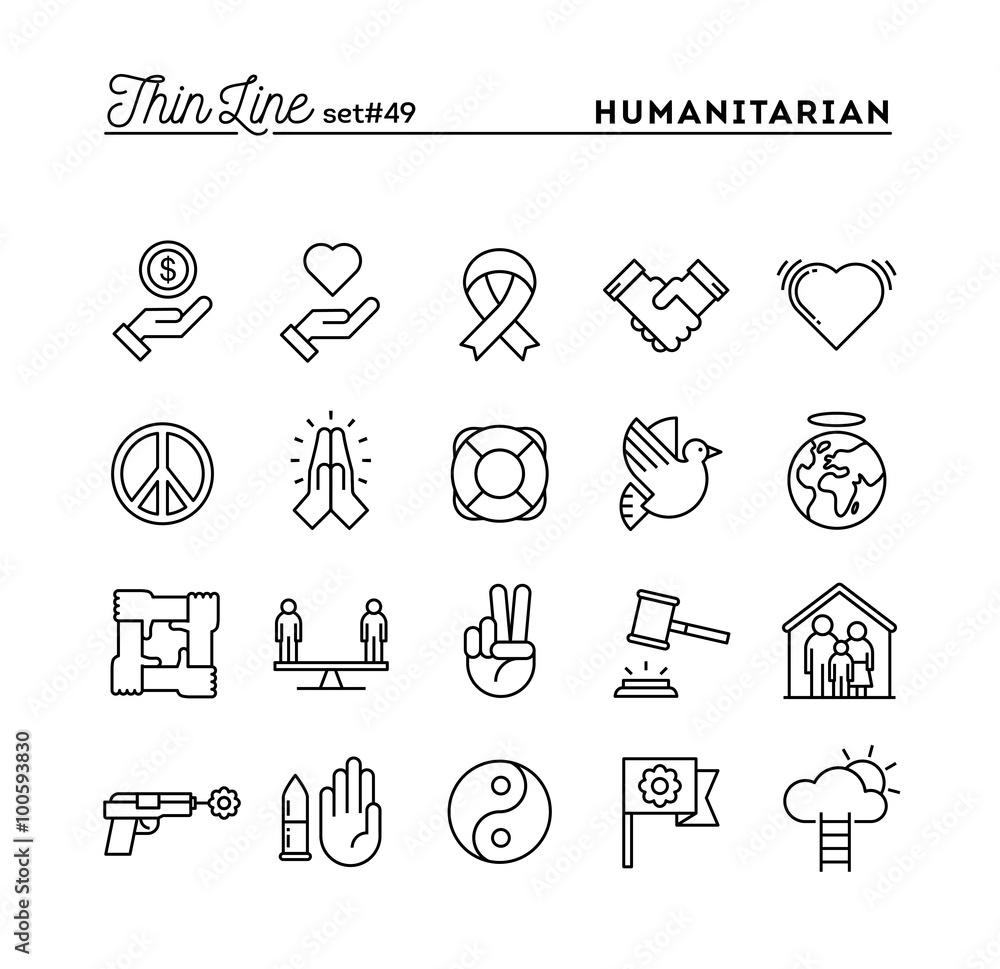 Fototapeta premium Humanitarian, peace, justice, human rights and more, thin line icons set