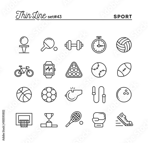 Sports, recreation, work out, equipment and more, thin line icons set