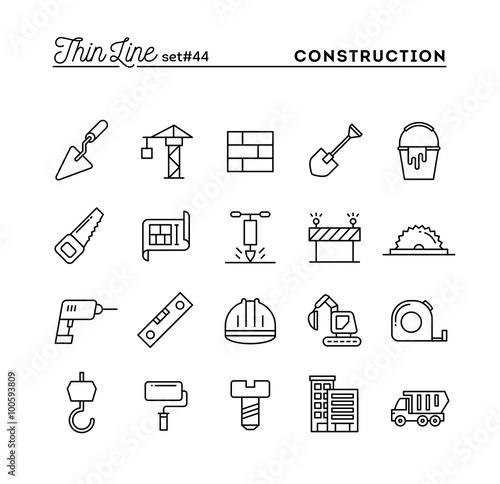 Construction, building, project, tools and more, thin line icons set