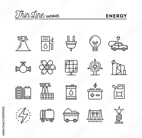 Power, energy, electricity production and more, thin line icons set