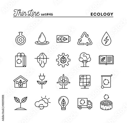 Ecology, nature, clean energy, recycling and more, thin line icons set