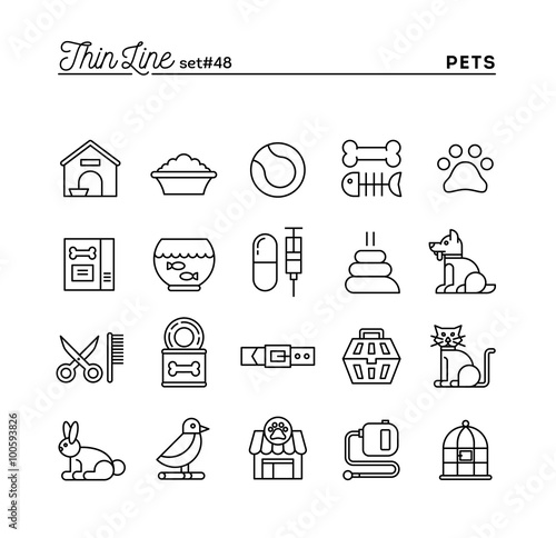 Pets, thin line icons set