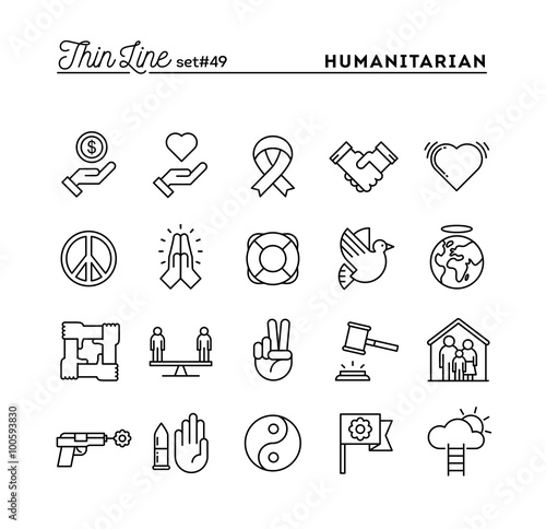 Humanitarian, peace, justice, human rights and more, thin line icons set
