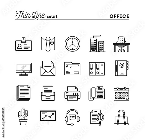 Office things, thin line icons set