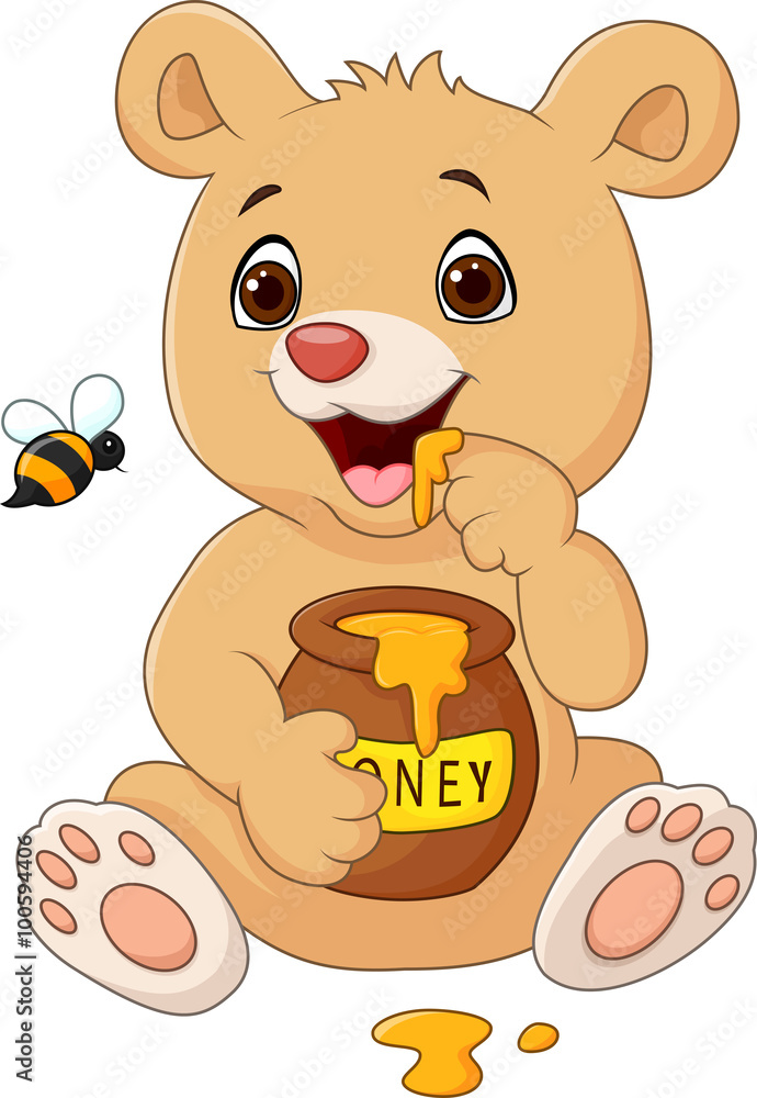 Obraz premium Cartoon funny baby bear holding honey pot isolated on white background 