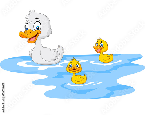 Cartoon funny mother duck with baby duck floats on water