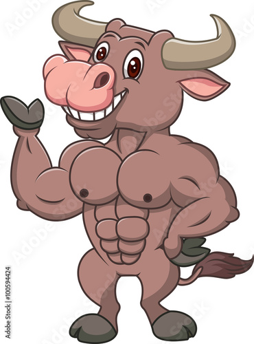 Smiling bull mascot presenting islated on white background